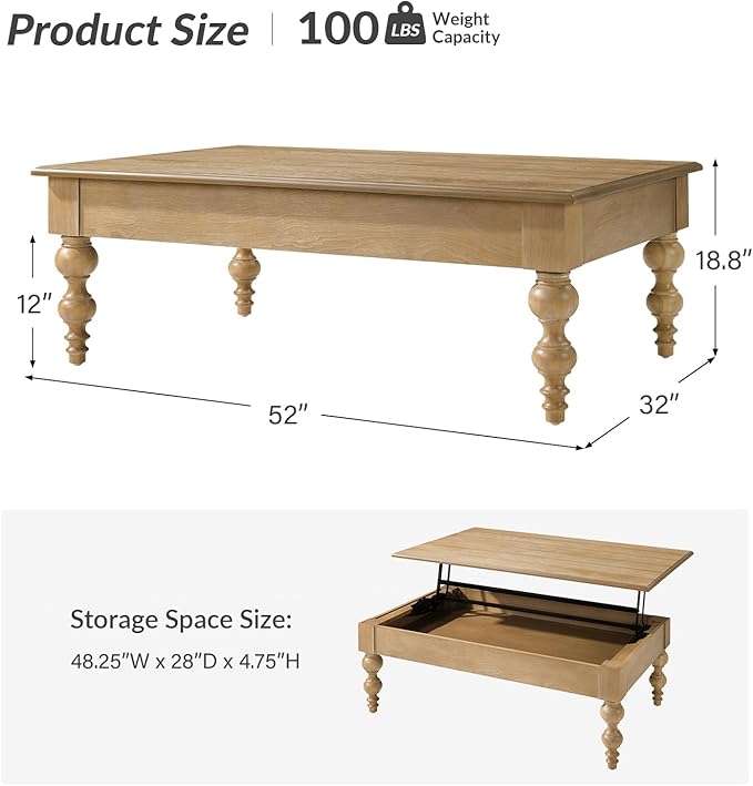 HULALA HOME Coffee Table Lift Top with Storage, Gourd-Shaped Legs, Wood Convertible Table for Living Room, Natural