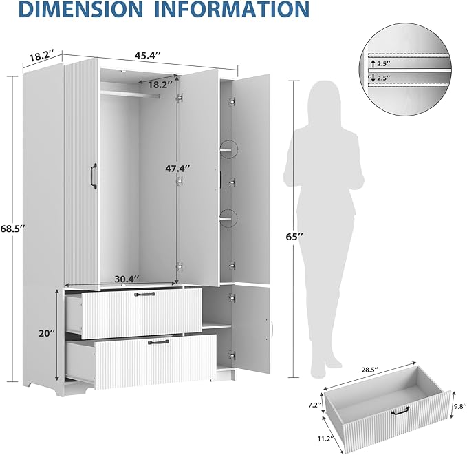 68.5” Armoire Wardrobe Closet with Mirror Door, Freestanding Modern Wooden 3 Doors Fluted Closet with 2 Drawers & Storage Cabinet & Adjustable Shelves & Hanging Rod for Bedroom (White)