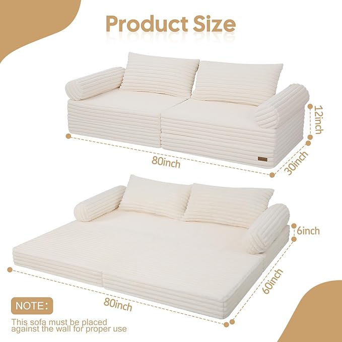 MeMoreCool Convertible Sofa Bed, Folding Floor Couch Bed Queen, Pull Out Sleeper Couch with Pillows, Fold Out Futon Sofa for Bedroom Living Room Small Space, Soft Corduroy