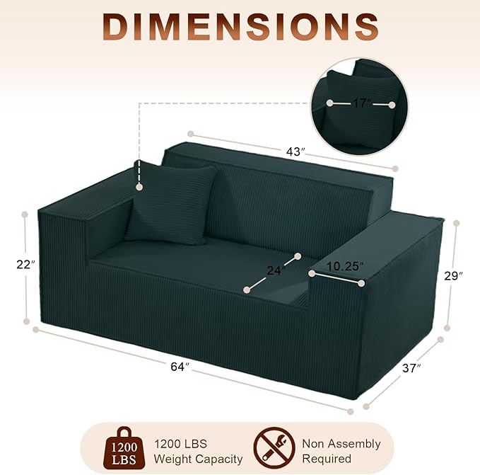 Corduroy Cloud Couch with Pillow, Premium Memory Foam, No Assembly Required, Deep Seat Sofa in Box, Space-Saving Chair for Home, Living Room, Bedroom, Apartment, Office, Loveseat, Dark Green