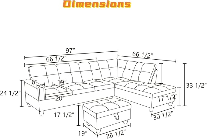FONTOI L Shaped Sectional Couch with Otttoman, 97" Sectional Sofa for Living Room Flannel Modular Couches with Cup Holders for Bedroom, Apartments, Grey