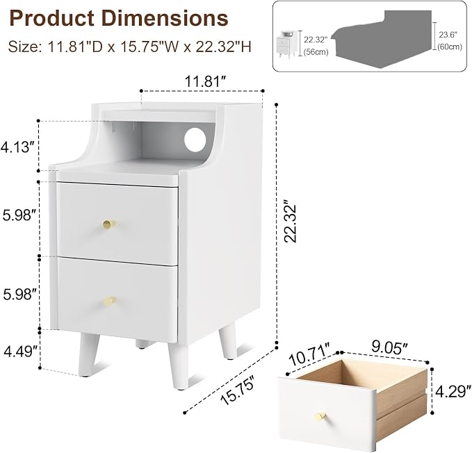 Narrow Nightstand with 2 Drawers,White Nightstand,Bedside Table,Solid Wood Modern Bedside Table for Bedroom,Study,Toilet - Image 2