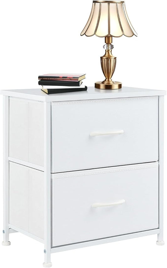 Simple Deluxe Nightstand 2 Drawers Dresser for Bedroom, 3-Tier Bedside Table with Fabric Bins, End Table for Living Room, Wood top Load-Bearing up to 44 lb, White