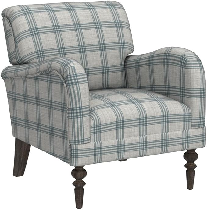 HULALA HOME Modern Accent Chair with Arms and Wooden Legs, Comfy Upholstered Armchair for Living Room, Bedroom (Plaid Pattern, Blue)