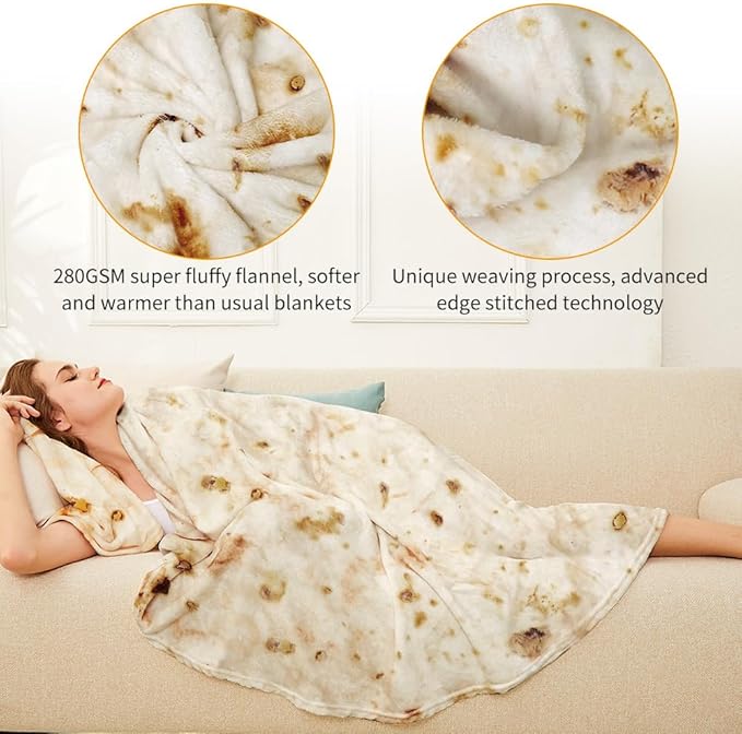 LetsFunny Burrito Tortilla Throw Blanket, Funny Realistic Food Blankets for Teen Girl Gifts, 2.0 Double Sided Burritos Taco Tortilla Wrap Blankets, Soft Comfortable Flannel Round Throw Blanket