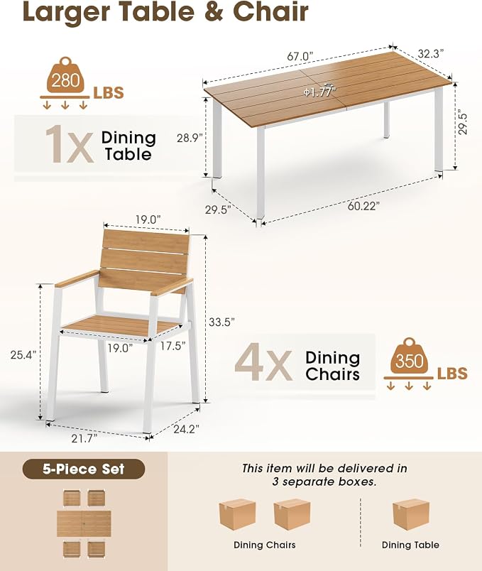 Outdoor Dining Set for 4, Aluminum Patio HDPS Outdooor Table and Chairs Set with Umbrella Hole, All Weather Patio Furniture Set, 5 Peice Patio Dining Table Set (White & Teak) - Image 2