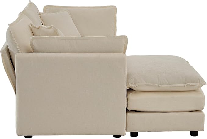 KEIKI Loveseat Sofa, Upholstered 2 Seater Couch with 1 Footrest, Oversized L-Shaped Sectional Sofa with Ottoman for Living Room Bedroom Office, Beige