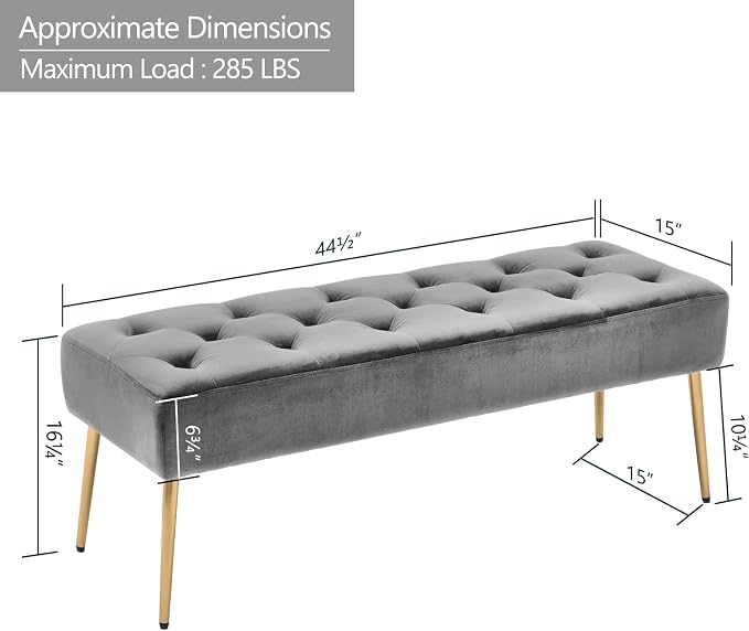 DUHOME Modern Velvet Ottoman Bench, Button-Tufted Upholstered Bedroom Benches,End of Bed Bench with Gold Base for Entryway Living Room Dining Room, Grey - Image 3