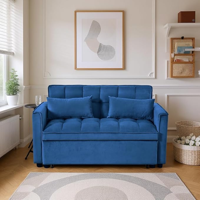 3 in 1 Convertible Sleeper Sofa Bed, Pull Out Couch Loveseat Futon, Adjustable Backrest Velvet Sofa with Pillows and Side Pockets for Living Room Apartment, Blue