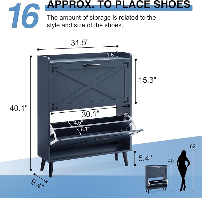 Barnyatoh Shoe Storage Cabinet,Farmhouse Shoe Organizer with 2 Flip Drawers & Barn Door Design,Freestanding Hidden Slim Narrow Shoe Rack Cabinet for Entryway,Foyer,Hallway,Navy Blue - Image 2
