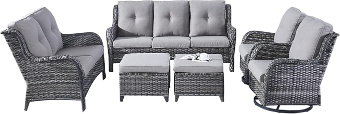 Rilyson Wicker Patio Furniture Set - 6 Piece Rattan Outdoor Sectional Conversation Sets with 2 Rocking Swivel Chairs,2 Ottomans,1 Sofa and 1 Loveseat for Porch Deck Garden(Mixed Grey/Grey)