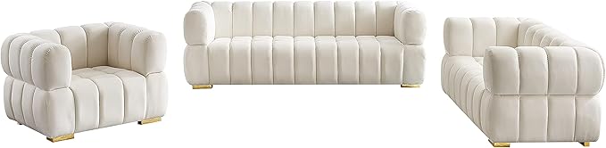 Meridian Furniture 670Cream-L Gwen Collection Modern | Contemporary Velvet Upholstered Loveseat with Deep Biscuit Tufting