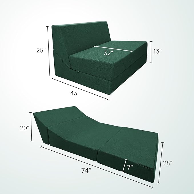 ANONER Convertible Chair Bed Sleeper with Memory Foam & Pillow Fold Out Chair Bed Couch Lounge Chaise for Living Room Bedroom Guest Room Home Office, Dark Green