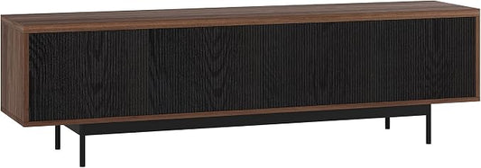Henn&Hart Fluted TV Stand for TVs up to 75" with 2 Open-Concept Ribbed Storage Cabinets for Living Room, Family Room, or Office, Medium Walnut/Natural Black by HennHart