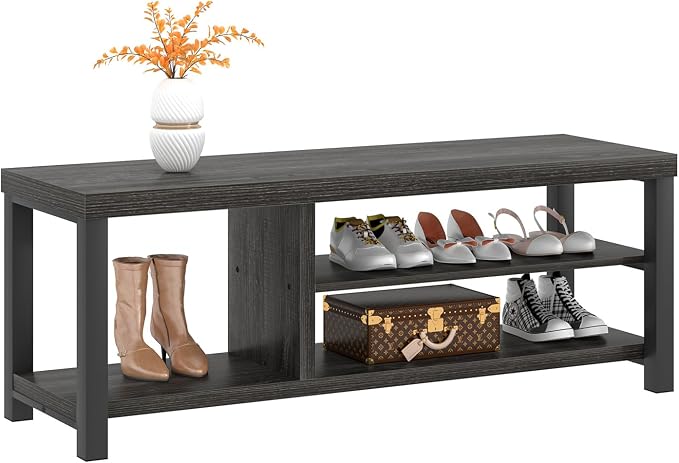FOLUBAN Entryway Bench with Shoe Storage, Vintage End of Bed Bench, Rustic Wooden Entry Bench for Hallway Front Door Entrance, Industrial Indoor Bench for Bedroom Living Room, Dark Gray, 47 Inch - Image 8