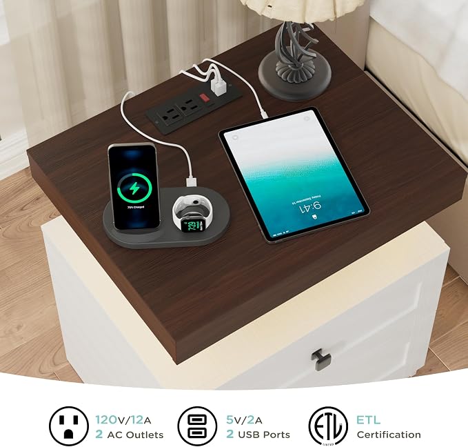 MHOM Farmhouse LED Nightstand with Charging Station, Bedroom Side Table with Drawers, Rustic End Table for Bedroom, Antique White - Image 5