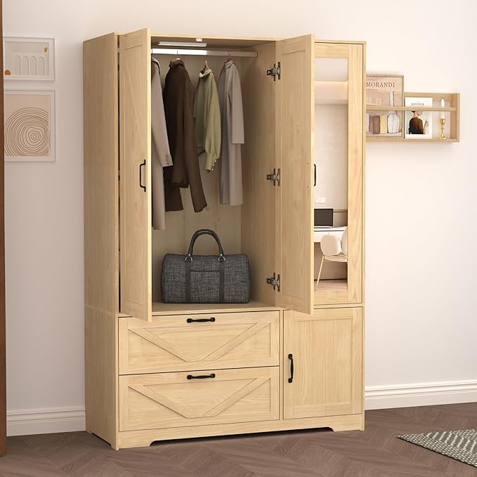 Armoire Wardrobe Closet with Drawers and Mirror, 72" Bedroom Wardrobe Cabinet with Motion Sensor Light, Hanging Rod & Adjustable Shelves, Bedroom Clothing Storage Closet with 3 Doors
