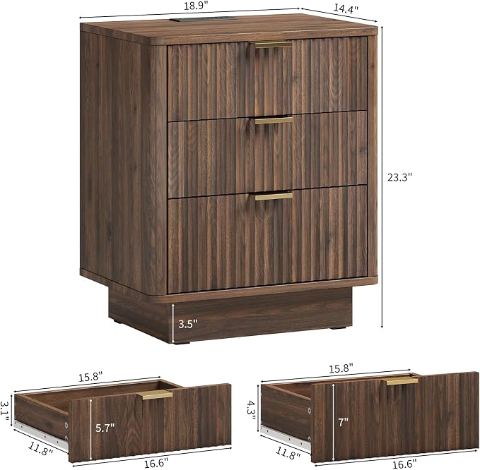 GOLDDAY Nightstands Set of 2 with Charging Station & LED Light, 3-Drawer Bedside Table with Outlets, Modern End Table with Open Shelf, for Bedroom, Home Office, Walnut - Image 3