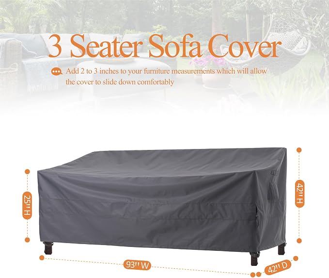 WJ-X3 3-Seater Patio Sofa Cover, Heavy-Duty Waterproof Outdoor Couch Protection, UV-Resistant and Anti-Fading with High Wind Resistance, 93" x 42" x 42", Gray - Image 2