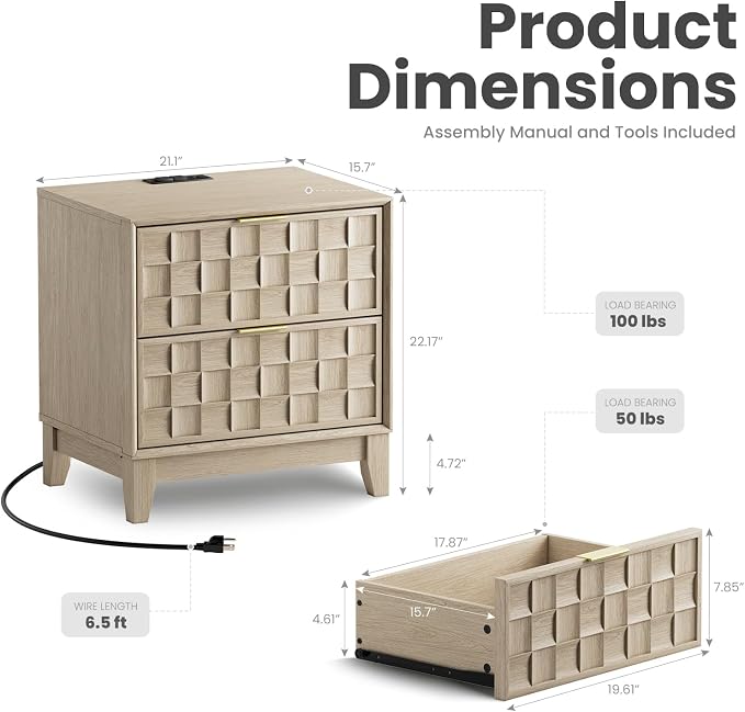 COLAMY Nightstand with Charging Station, 2 Drawers Modern Bedside End Table Dresser, with Chessboard Relief and Wood Legs, for Bedroom, Closet and Small Space - Oak - Image 2
