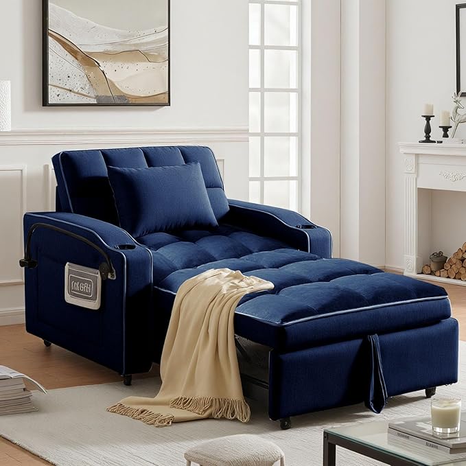 Sleeper Chair, Convertible Pull Out Chair Sleeper with Bracket and Cup Holder, Chairs Bed Sleepers for Adults, 3 in 1 Sofa Bed Chairs for Small Spaces, Living Room, Blue