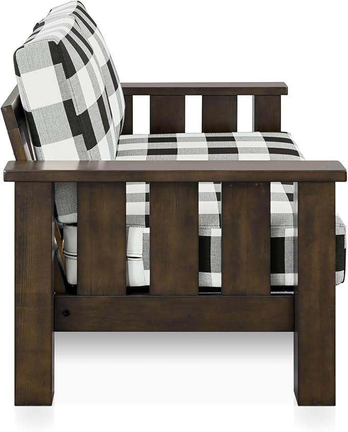 Furniture of America Gavik Modern 2-Piece Solid Wood Sofa Set with Plaid Removable Cushions, Black and White Upholstery Fabric, Comfortable Couch and Loveseat for Living Room, Dark Walnut