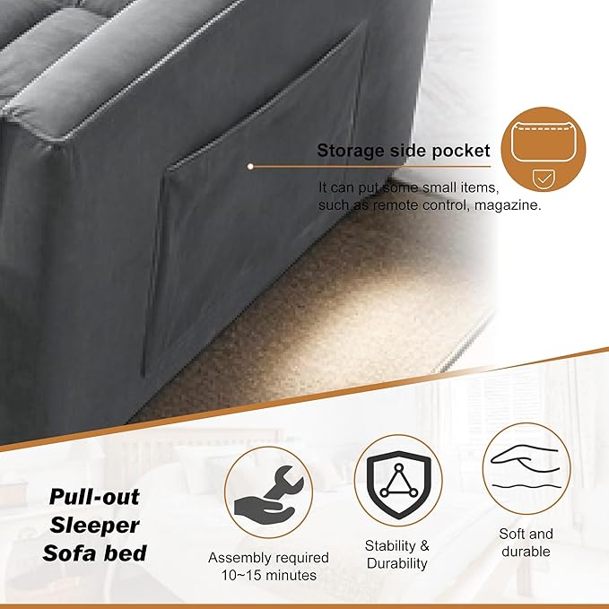 3 in 1 Convertible Sleeper Sofa Bed, Pull Out Couch Loveseat Futon, Adjustable Backrest Velvet Sofa with Pillows and Side Pockets for Living Room Apartment, Dark Grey