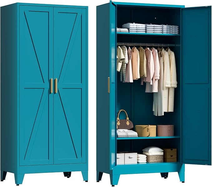 LCAOPC 71" Tall Metal Wardrobe Closet with Adjustable Shelves and Hanging Rod, 2 Doors Free Standing Armoire Wardrobe Cabinet for Bedroom, Office, Laundry Room, Blue