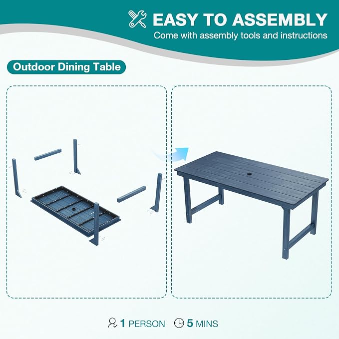 Mdeam 7-Piece HIPS Outdoor Dining Set, 66.9" Patio Table with Umbrella Hole, 440LBS Capacity, 6 Wider Chairs, Dining Table Set for 6, Indoor Outdoor Furniture with Galvanized Steel Frame, Navy Blue - Image 7