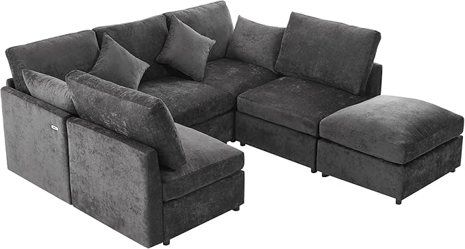 6 Seater Reversible Modular Sectional Sofa Convertible Sleeper Couch Bed , Free Combination Chenille Upholstered Corner Sofa&Couches with USB Ports and Detachable Cushions for Living Room Furniture
