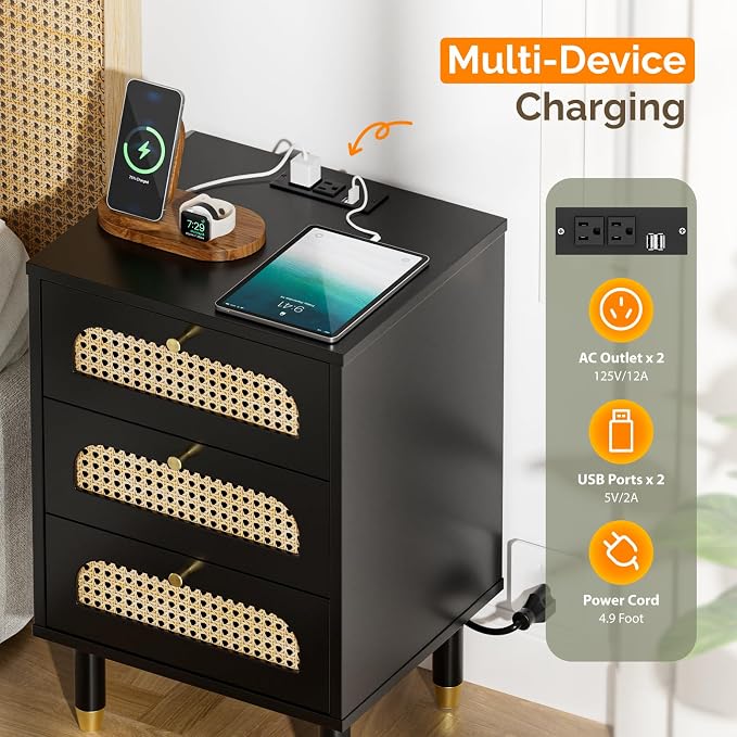 VINGLI Rattan Nightstand with Charging Station, Nightstands Set of 2, 3 Drawer Night Stand for Bedroom, Wood Bed Side Table, Boho Endtable with Drawers, Black - Image 6