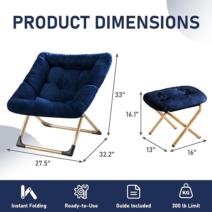 Youtanic Comfy Oversized Saucer Chair with Ottoman,Soft Faux Fur Reading Lounge Chair for Adults,Stable X-Large Metal Frame and Non-Slip Pad,Cozy Chair for Bedroom, Living Room, Dorm, Office, Blue