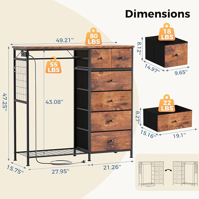 DUMOS Dresser for Bedroom with Hanging Rack, 6 Drawer Fabric Dresser with Charging Station and LED Lights, Closet Organizer & Storage Tower for Living Room, Entryway, Apartment, Rustic Brown - Image 3