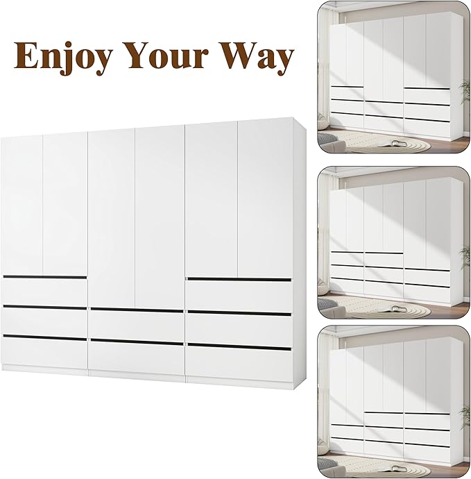 White Armoire Wardrobe Closet with 2 Doors, 75" Bedroom Wardrobe Closet for Hanging Clothes, Modern Wood Storage Closets Cabinet with System (B+A+B, 94.5")