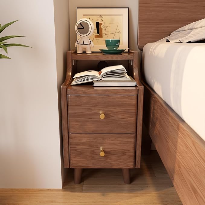 Narrow Nightstand with 2 Drawers,Walnut Nightstand,Bedside Table,Solid Wood Modern Bedside Table for Bedroom,Study,Toilet - Image 5