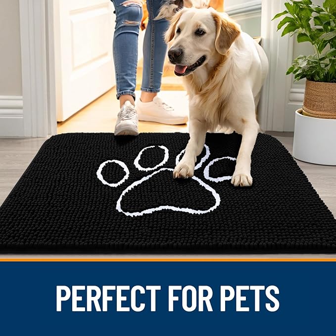 OLANLY Dog Door Mat for Muddy Paws 47x20, Paw Print Design, Absorbs Moisture and Dirt, Absorbent Non-Slip Washable Doormat, Quick Dry Chenille Mud Mat for Dogs, Entry Indoor Entryway Carpet, Black - Image 6