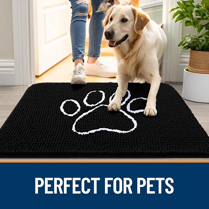 OLANLY Dog Door Mat for Muddy Paws 47x24, Paw Print Design, Absorbs Moisture and Dirt, Absorbent Non-Slip Washable Doormat, Quick Dry Chenille Mud Mat for Dogs, Entry Indoor Entryway Carpet, Black - Image 6