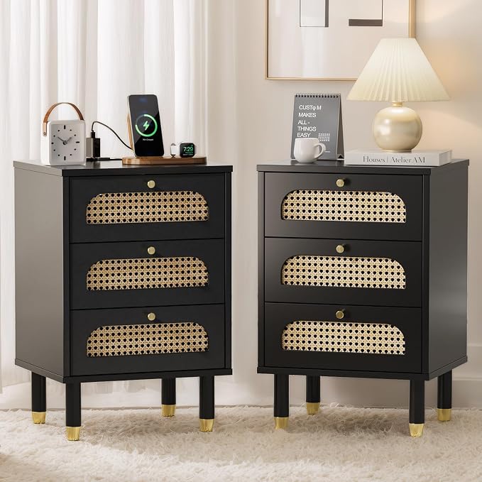 VINGLI Rattan Nightstand with Charging Station, Nightstands Set of 2, 3 Drawer Night Stand for Bedroom, Wood Bed Side Table, Boho Endtable with Drawers, Black by VINGLI