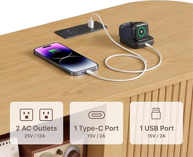 70'' Tambour TV Stand with Power Outlet for TVs up to 80 in,Mid-Century Modern TV Entertainment with 3 Cable Management Holes,Rattan Drawer & Fluted Sliding Doors,Media Console with Solid Wood Legs - Image 3