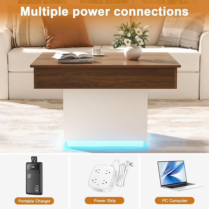 FABATO Lift Top Coffee Table with Charging Station, Led Coffee Table for Living Room, Farmhouse Center Table with Hidden Storage, Square Lift-Up Center Table for Home Office, Reception Room, White