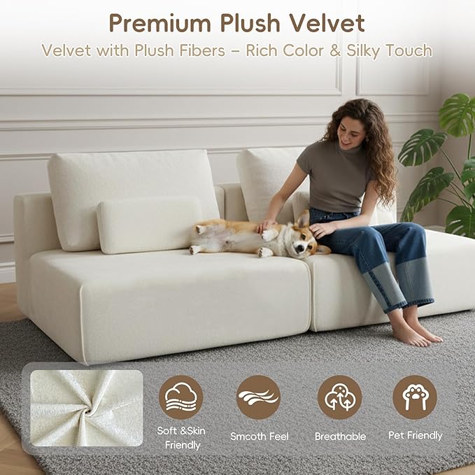 Modular Sectional Sofa Couch, Plush Velvet Boneless Single Sofa Cozy Chair, Flexible Convertible for Living Room & Small Spaces, Deep-Seat, No-Assembly 1-Piece
