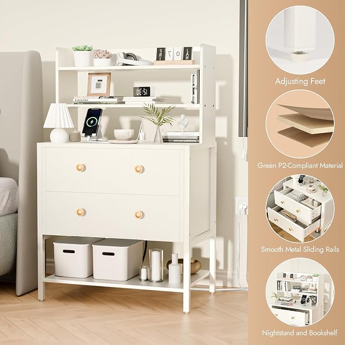 24 Inch Wide Night Stand, Large Wooden Night Stand with 2 Adjustable Drawes, Tall Nightstand with 4-Tier Shelves and Charging Station, Bedside Table for Living Room/Bedroom/Office, White. - Image 3