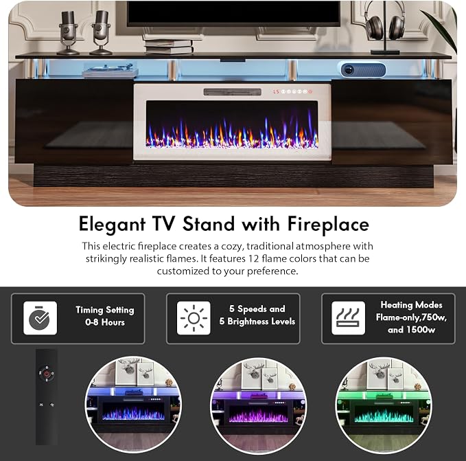 TAVATA 80" Fireplace TV Stand Up to 90" TVs, High Gloss Modern Entertainment Center with Storage, Wood Media Console Cabinet with 36" Fireplace & Open Shelf for Living Room, Black+White - Image 3