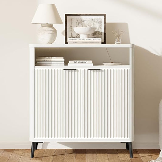 Fatmok Fluted Buffet Cabinet with Storage, 31.4" Wide Wood Sideboard Credenza with 2 Doors & Open Storage Shelf, Modern Coffee Bar Table for Living Room Kitchen Dining Room,White by Fatmok