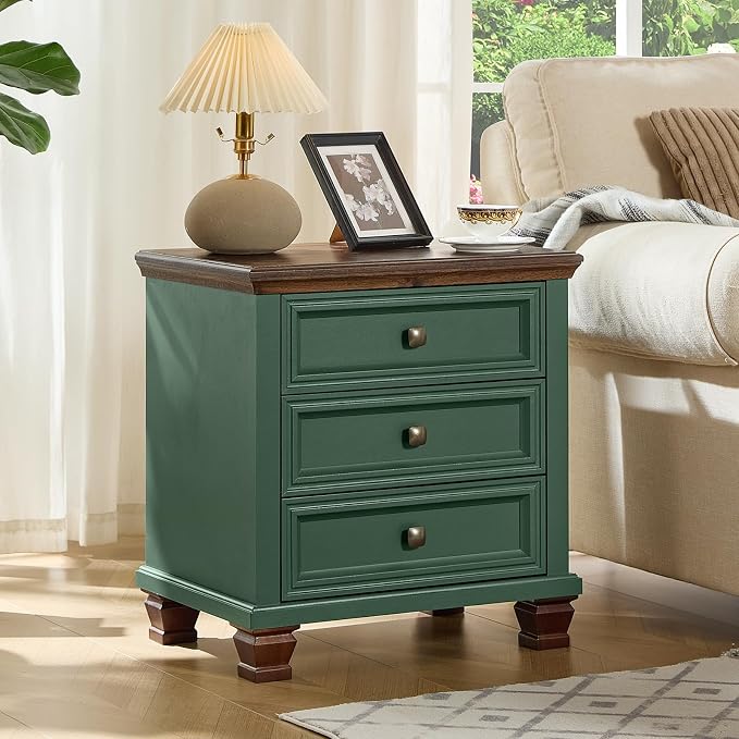 SAVOR LIFE Farmhouse Nightstand Set of 2, Rustic Accent End Table with 3 Drawers & 4 Square Solid Wood Legs, Vintage Bed Side Table with Storage, Small Dresser for Bedroom, Living Room, Green - Image 6