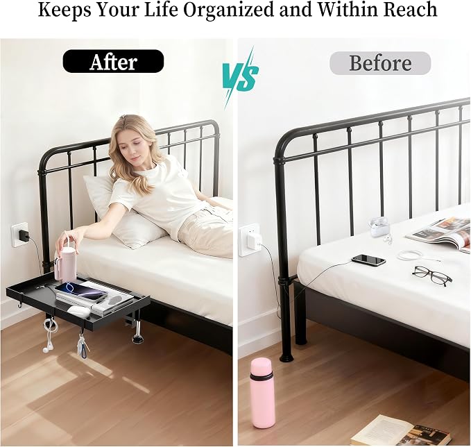 Foldable Bedside Shelf, Metal Clip-On Bed Tray Table for Bunk Bed & Dorm Beds, Dorm Room Essentials Organizer for College Students, Floating Tray, Space Saving Nightstand for Loft Beds (Black, Small) - Image 7