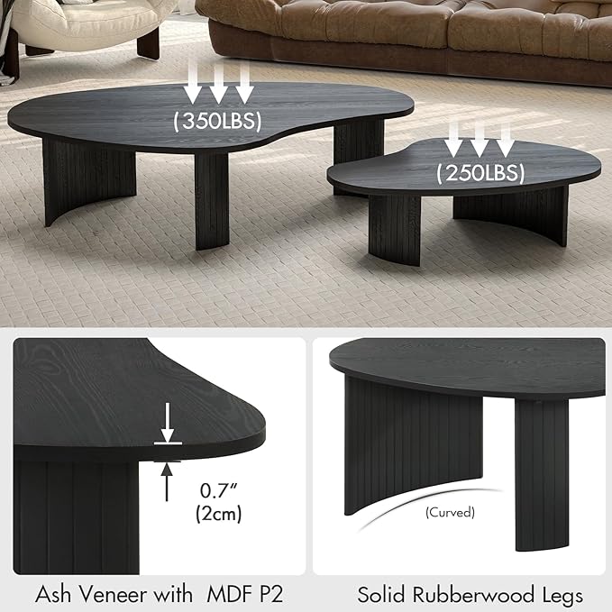 2-Piece Irregular Mango Nesting Coffee Table Set, Black Solid Wood Coffee Tables with Fluted Legs, Modern Minimalist Accent Tables for Living Room, Bedroom & Small Apartments