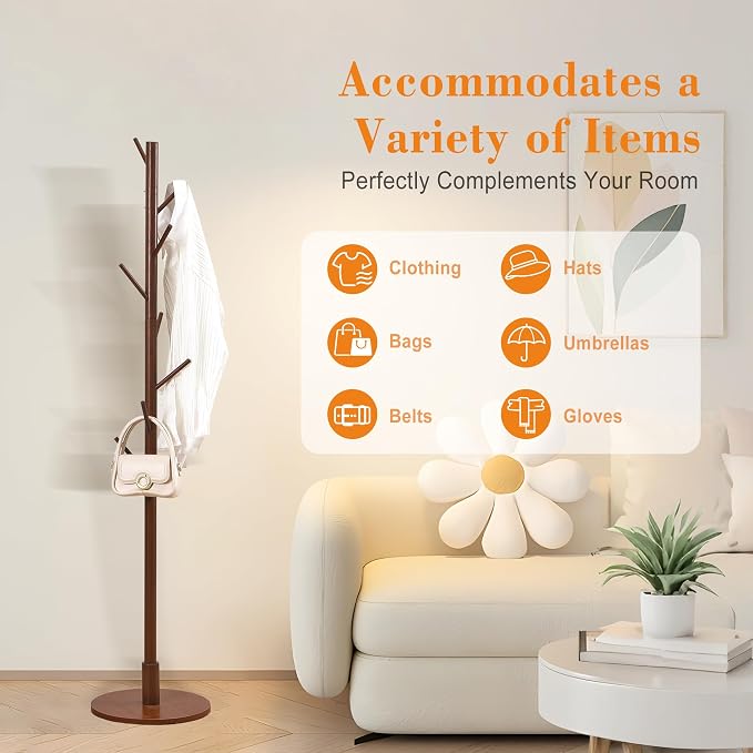 VECELO Coat Rack Freestanding, Entryway Hanger Stand, Umbrella Holder, Hall Tree With Hooks, Floor Standing Metal Tree Stand,Walnut - Image 8