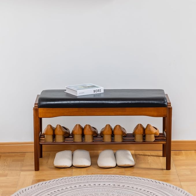 Shoe Bench, Entryway Bench, Wood 2-Tier Shoe Rack with Cushion Padded Seat Shoe Organizer (31.5",Black) - Image 3