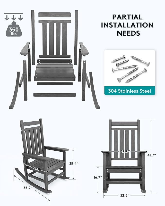 SERWALL Oversized Rocking Chair, Outdoor Rocking Chair for Adults, All Weather Resistant Porch Rocker for Lawn Garden, Grey - Image 2